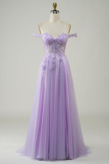 Purple Corset A-Line Long Tulle Formal Dress with Lace